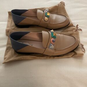 Fendi Tan Loafers with Colorful Geometric Details